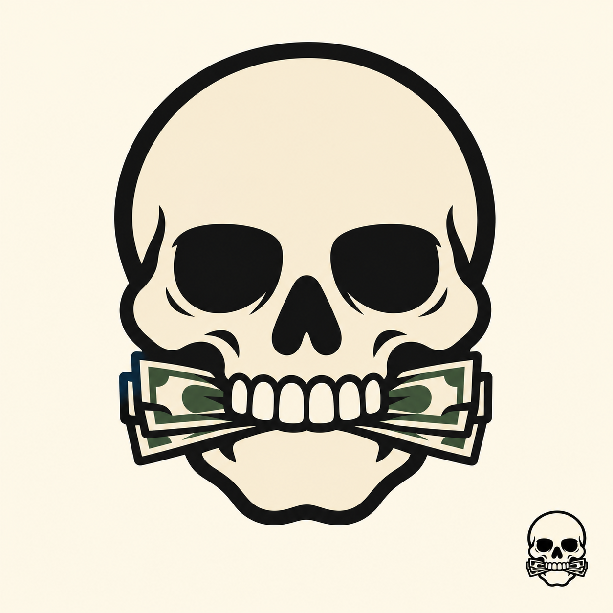 A calm tattoo-style skull clenching dollar bills